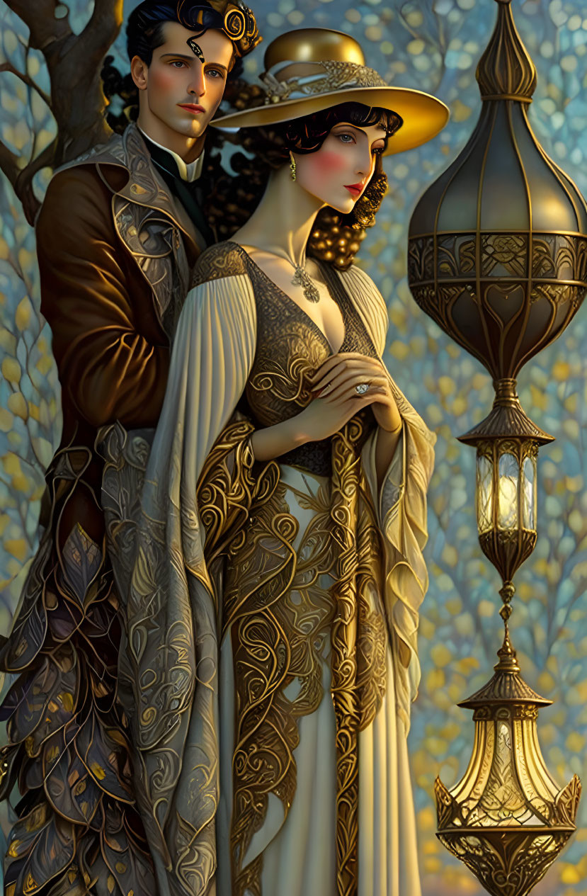 Art Nouveau styled couple posing by decorative lantern with intricate patterns and foliage backdrop