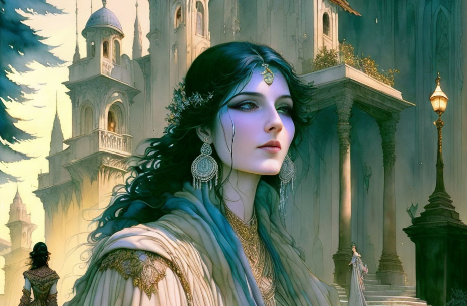 Illustrated female elf with black hair and green eyes in gold jewelry at fantasy castle twilight