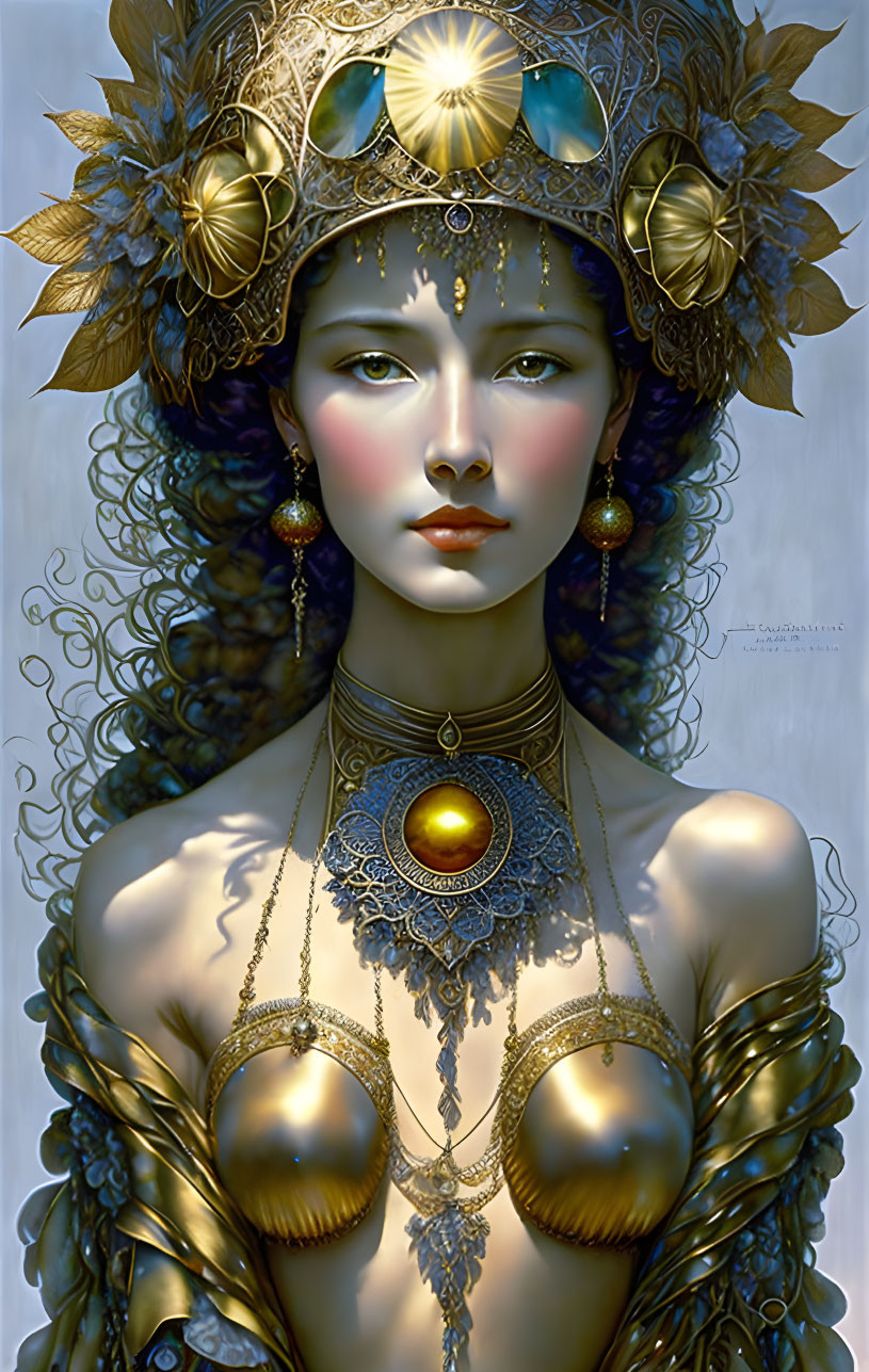 Woman with Golden Ornate Headdress and Jewelry in Regal Illustration