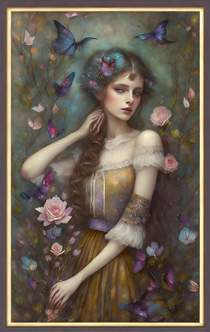 Young woman with wavy hair, golden dress, and butterflies in mystical floral scene