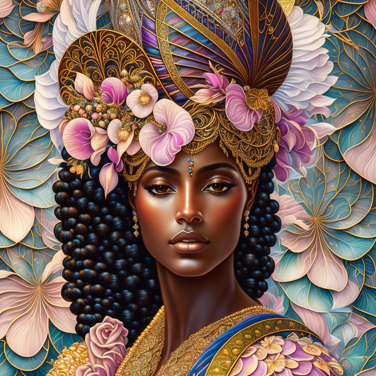 Detailed Illustration of Woman in Ornate Gold Jewelry and Headdress on Floral Background