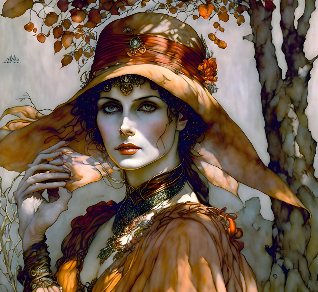 Stylized portrait of mystical woman in wide-brimmed hat and orange garment against twisting branches