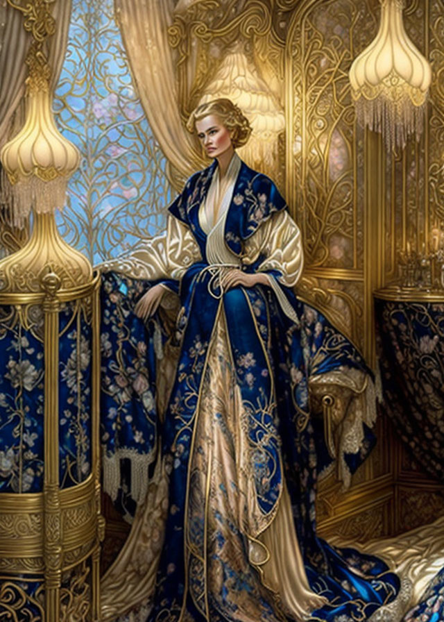 Woman in Blue and Gold Gown in Luxurious Room with Gold Details