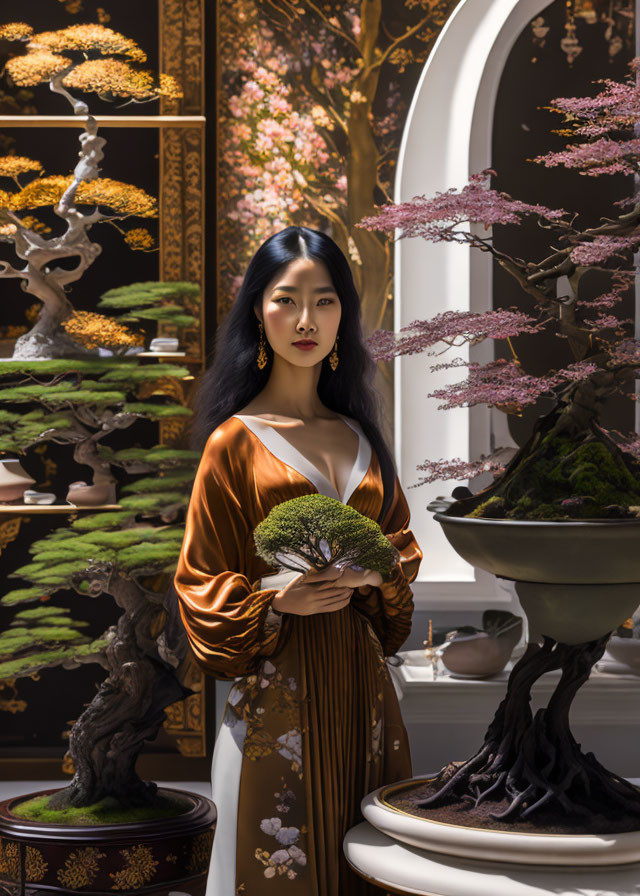 Woman surrounded by ornate bonsai trees in elegant setting