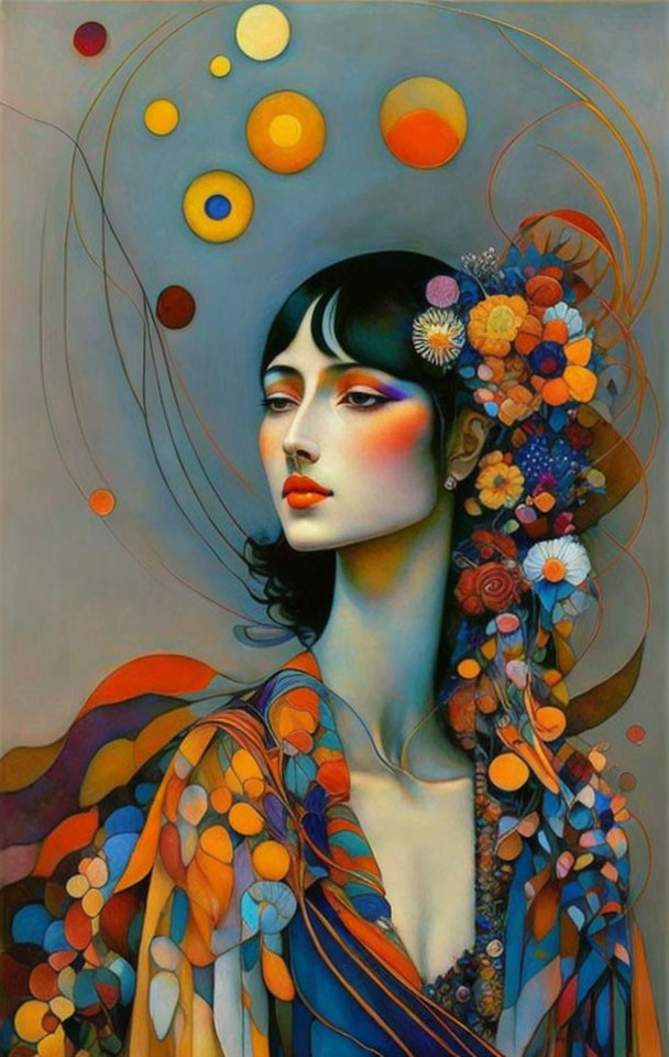 Colorful artwork of woman with floral hair, flowing robes, and surreal orbs