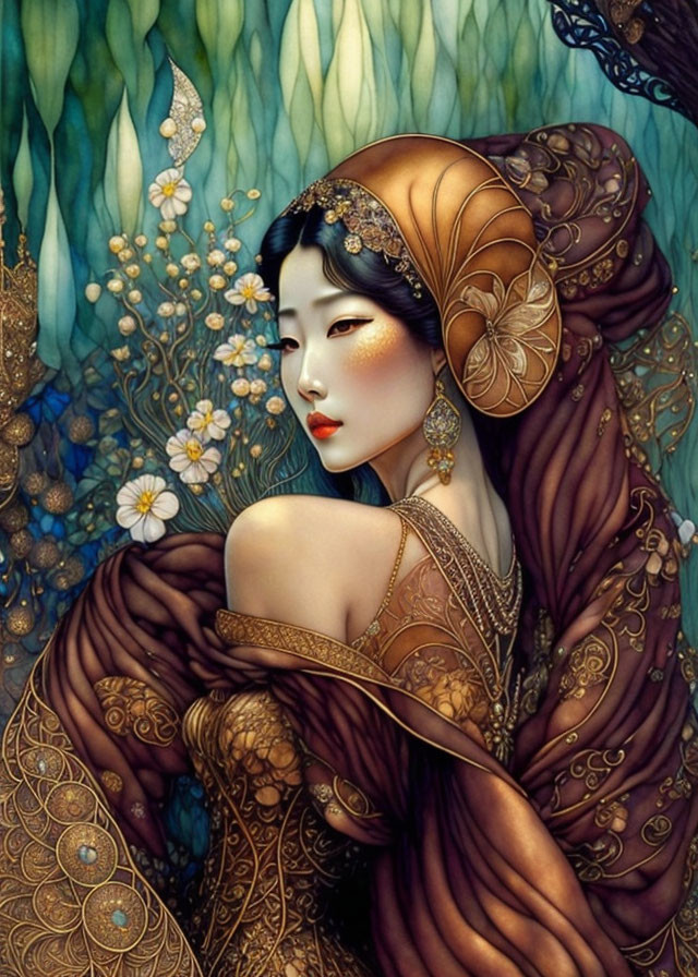 Asian woman in brown shawl surrounded by blue foliage and flowers