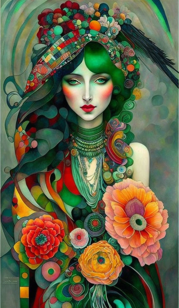 Colorful Illustration: Woman with Green Skin and Flower Adornments