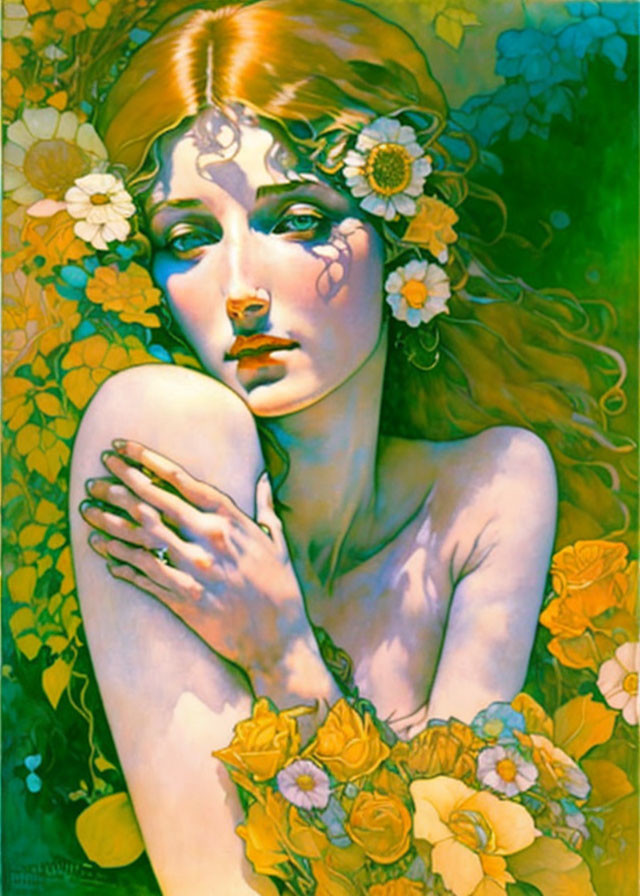 Vibrant painting of woman with floral hair and motifs in introspective pose