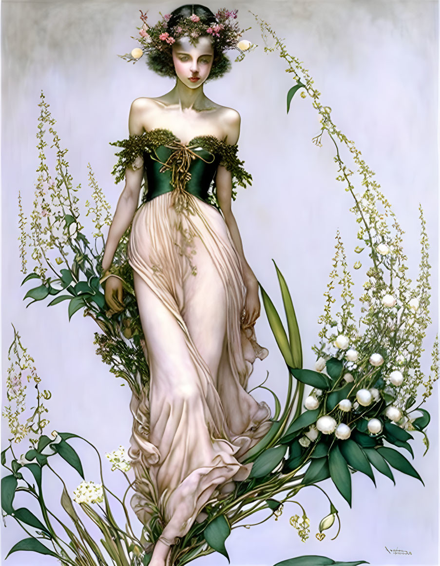 Ethereal woman in green and gold gown among white flowers and lush foliage