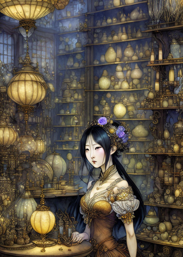 Victorian-dressed woman in antique shop with ornate lamps and curiosities