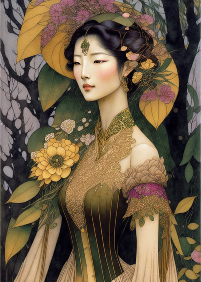 Traditional Asian-Inspired Woman Illustration with Floral Headdress