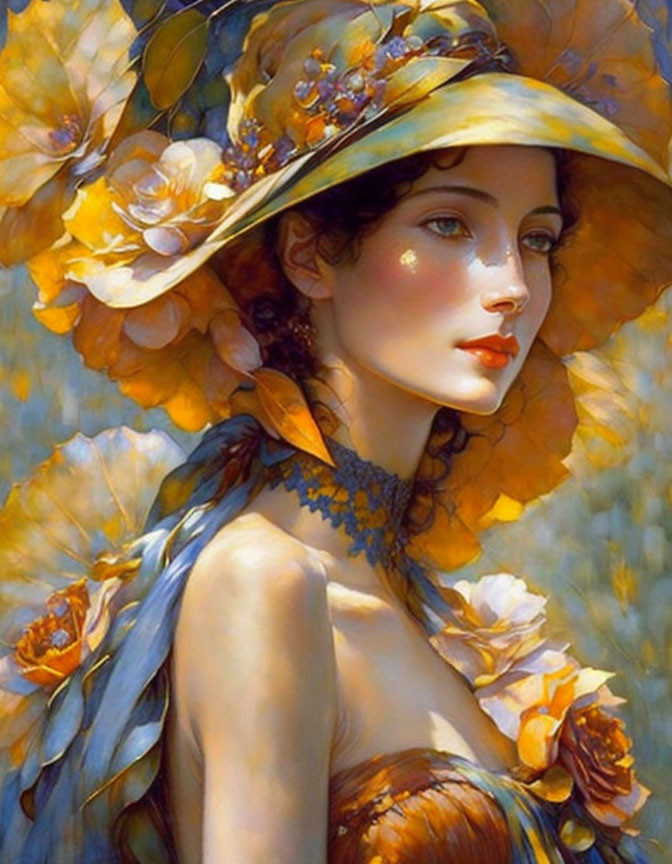 Whimsical portrait of woman in floral hat and attire on golden backdrop