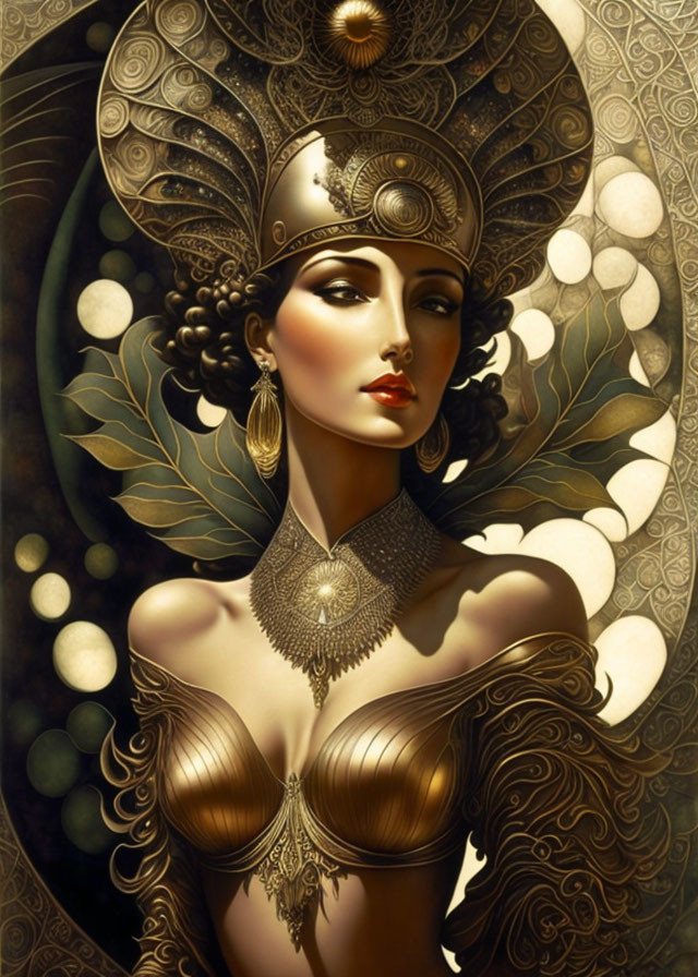 Illustrated woman with ornate headdress and golden jewelry in decorative abstract setting