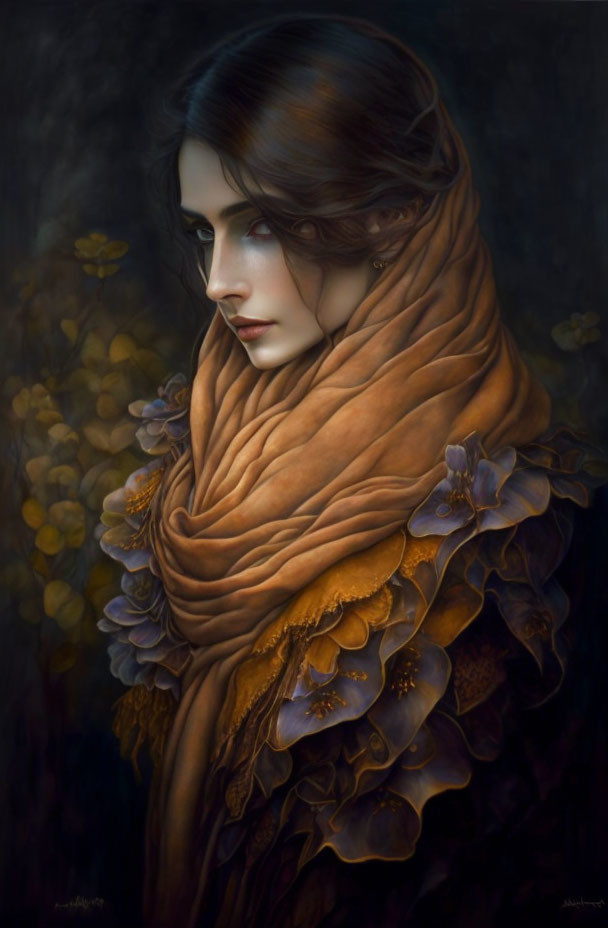 Portrait of woman in amber shawl with dark hair, contemplative expression, against floral backdrop