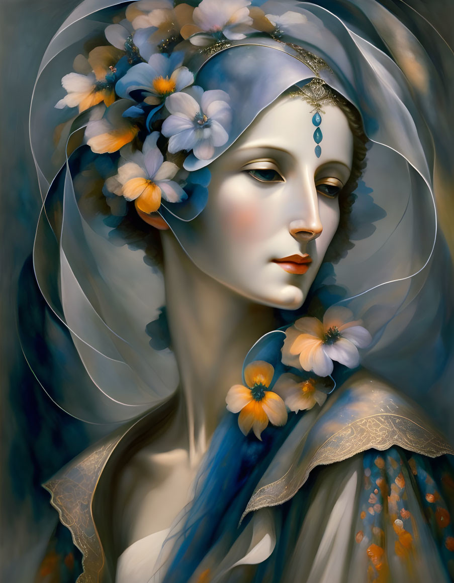 Serenity-themed digital painting of a woman with veil and colorful flowers