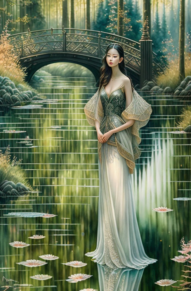 Ethereal woman in flowing gown by serene pond in enchanted forest