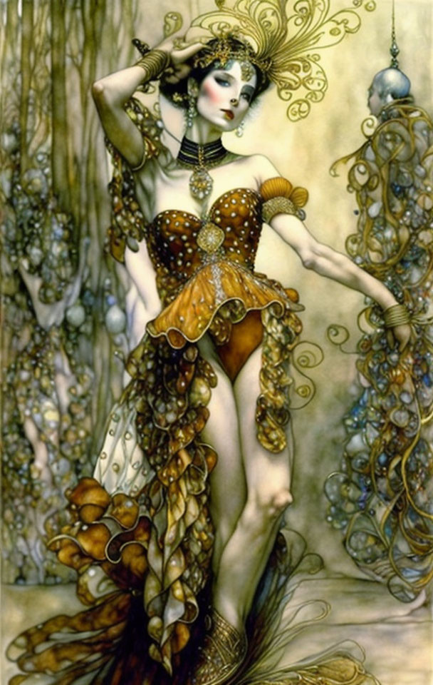 Ethereal fantasy illustration of woman in ornate golden attire