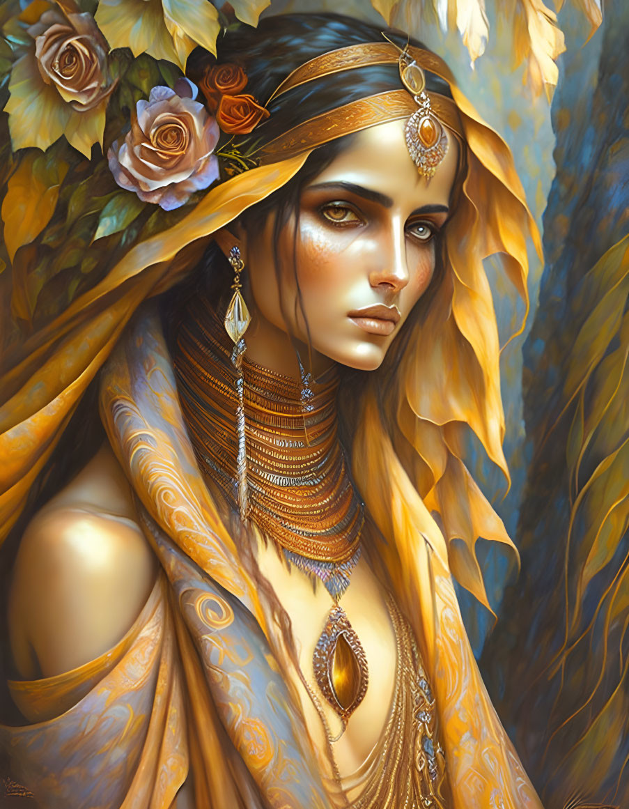 Woman in Golden Jewelry and Rose Shawl Amid Autumn Leaves