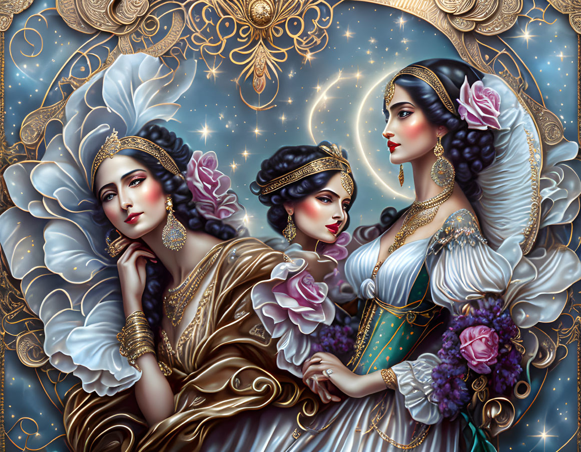 Three elegant women in celestial scene with gold jewelry, stars, flowers, and fabrics