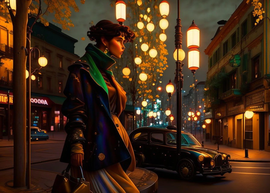 City street scene at dusk with stylish woman, lanterns, vintage cars, and autumn leaves.