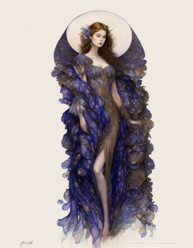 Elaborate blue and gold gown on elegant woman in art nouveau style