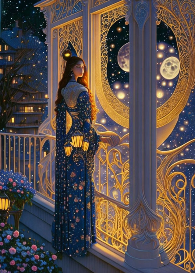 Woman in Blue Dress on Balcony with Starry Night Sky and Full Moon