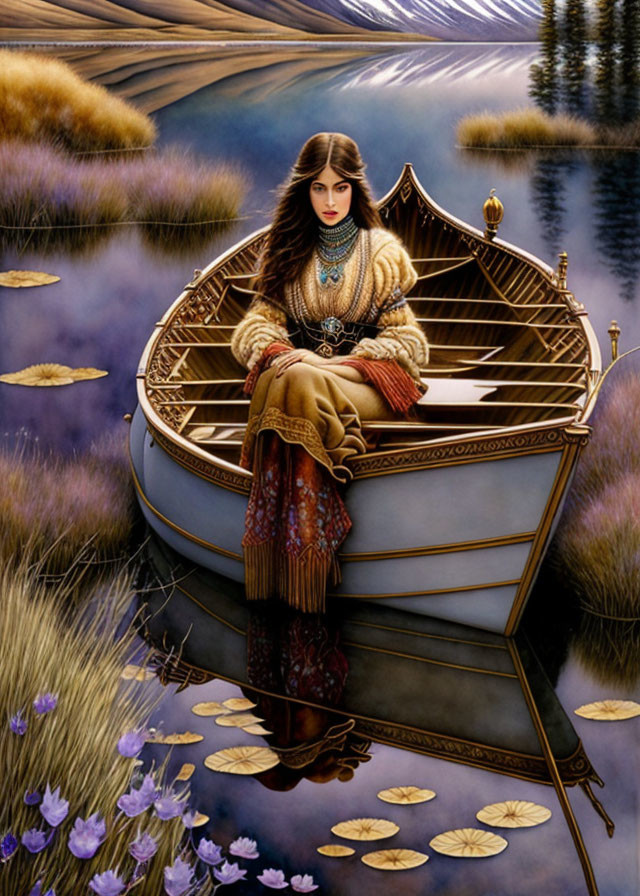 Woman in Knit Sweater Contemplating in Wooden Boat Surrounded by Water Lilies at Twilight