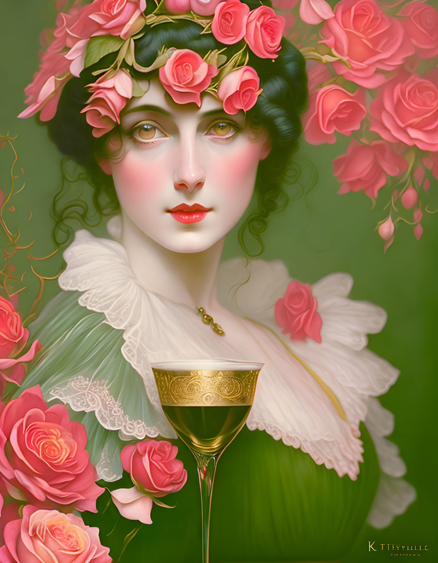 Woman with rose wreath holding golden cup in classical romantic style