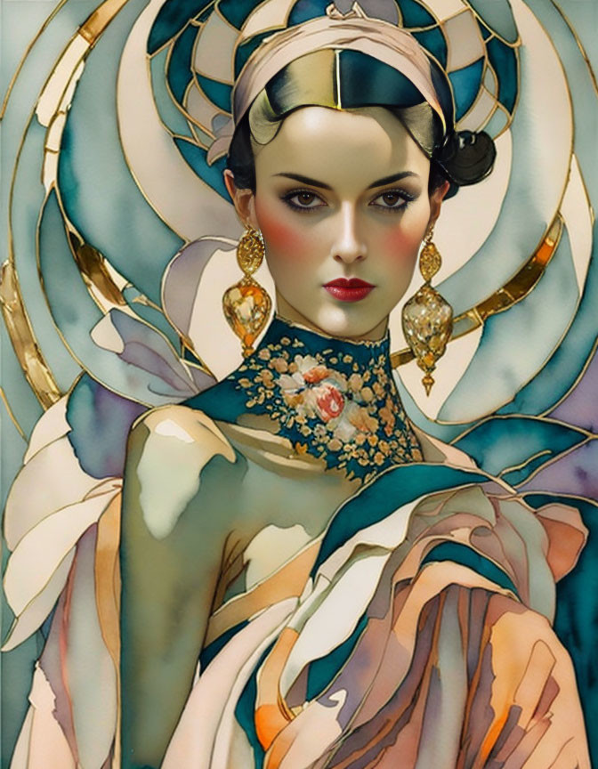 Illustrated woman with vintage makeup and jewelry in art nouveau style.