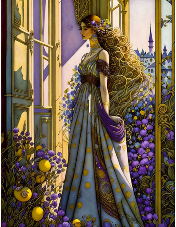 Illustrated woman in ornate purple and gold gown near flowery entrance and pointed towers