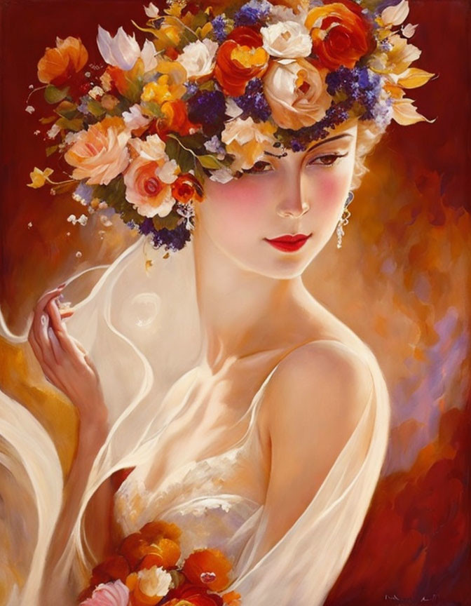 Portrait of woman with floral wreath, serene expression, against warm abstract backdrop