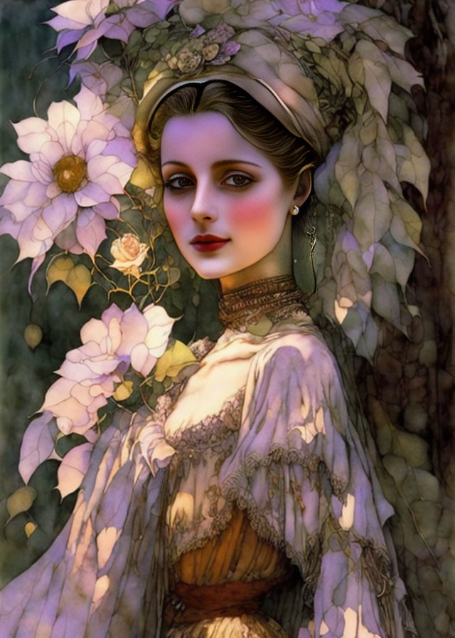 Stylized portrait of woman in floral headdress and vintage attire among botanical backdrop