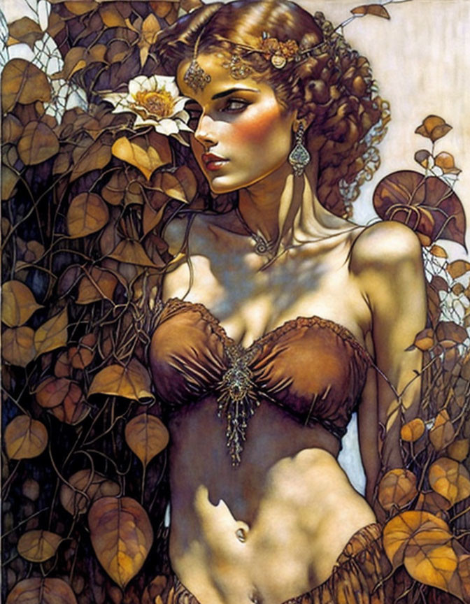 Curly-haired woman with floral adornments in autumn setting