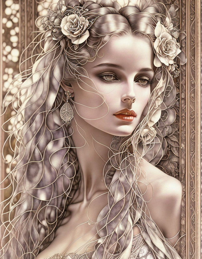 Illustration: Woman with pale skin, white hair, green eyes, roses, on golden backdrop