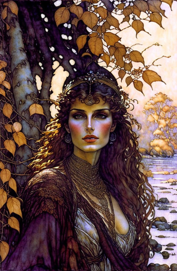 Regal woman with flowing hair in autumnal forest.