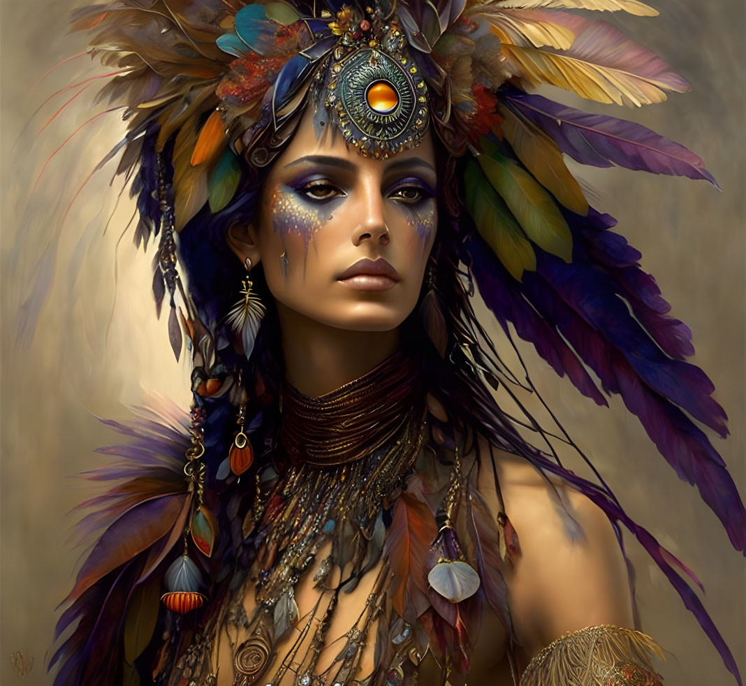 Colorful Feather Headdress and Tribal Makeup on Woman