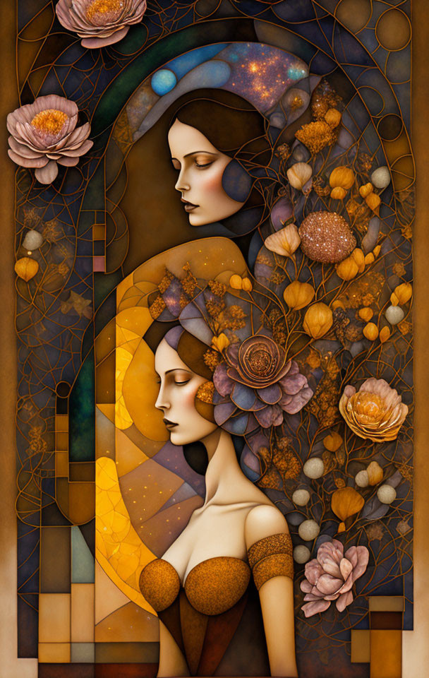 Vertical Artwork: Two Women with Floral and Cosmic Motifs