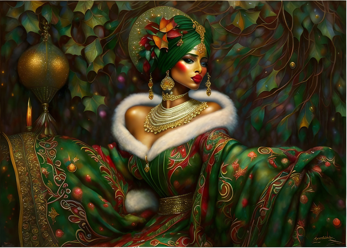 Regal woman in green and gold attire with headwrap and jewelry