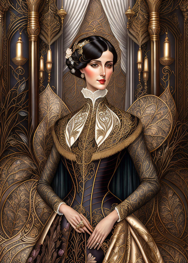 Victorian-inspired woman illustration with golden embroidery and candles