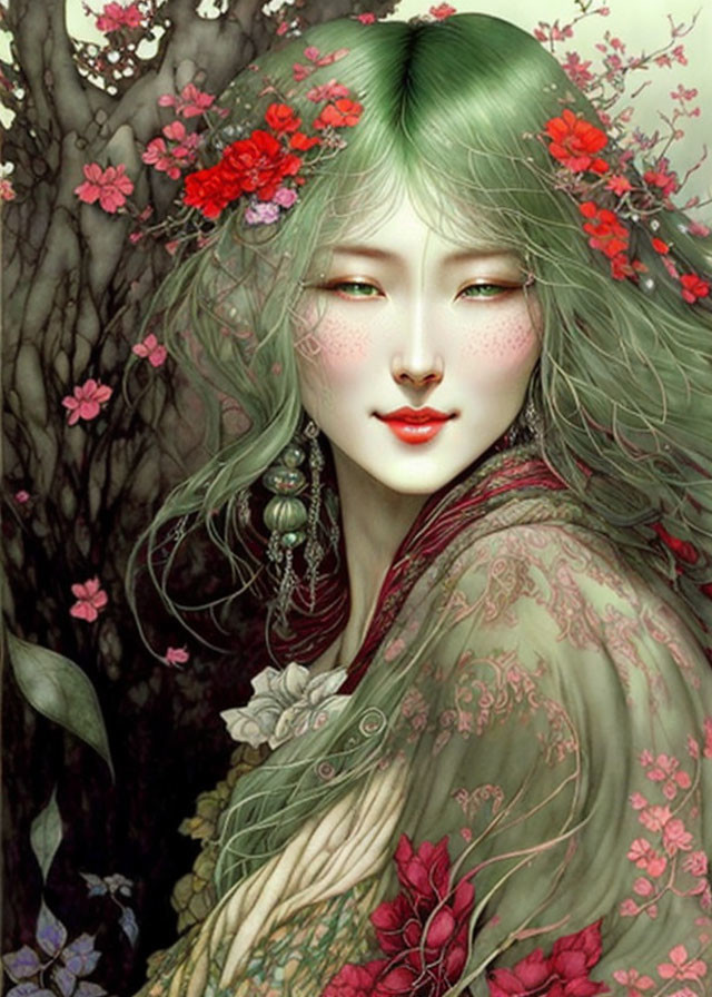 Woman with Green Hair and Red Flowers in Floral Setting