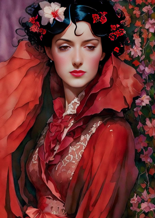 Woman with Dark Hair and Red Flowers, Red Cloak and Scarf, Pink Blossom Background