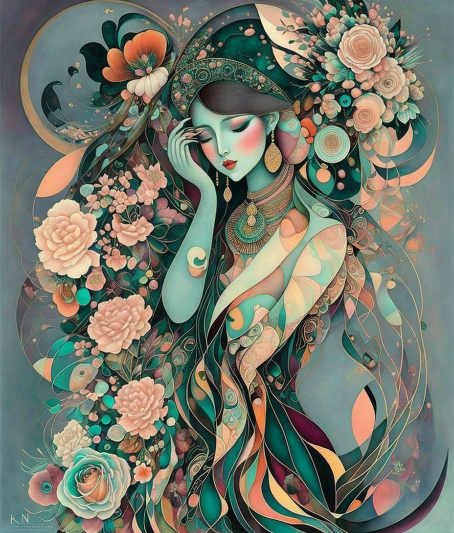 Stylized illustration of a woman with floral and ornamental elements in teal, coral, and gold