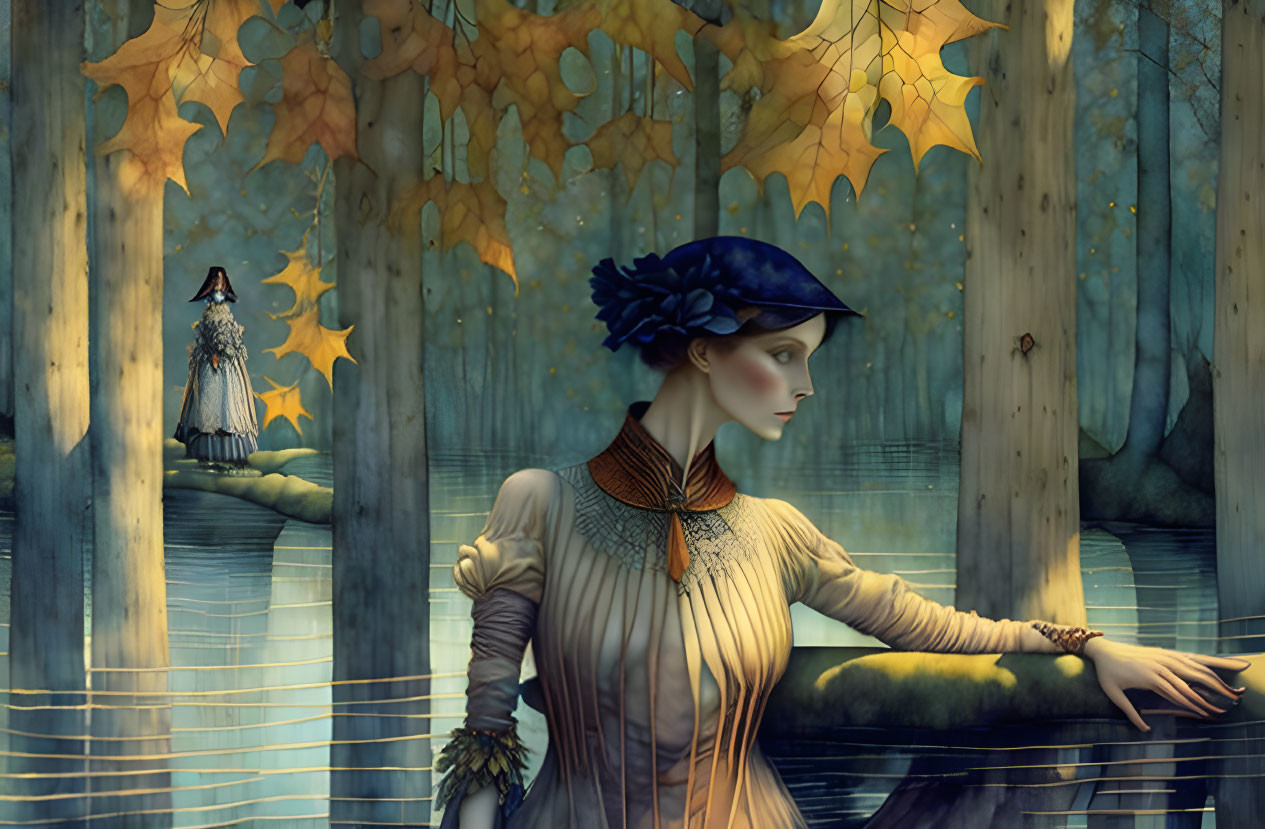 Stylized vintage woman illustration with autumn leaves and surreal backdrop