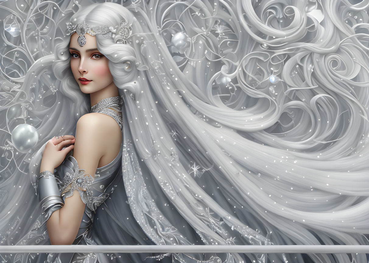 Ethereal woman with silver hair and attire in whimsical setting