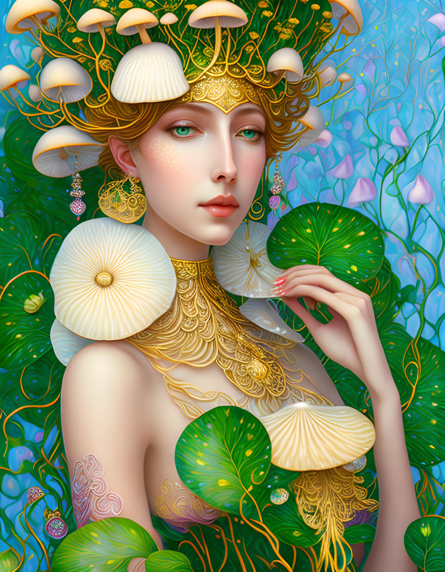 Illustrated woman with golden crown and jewelry in mystical setting.