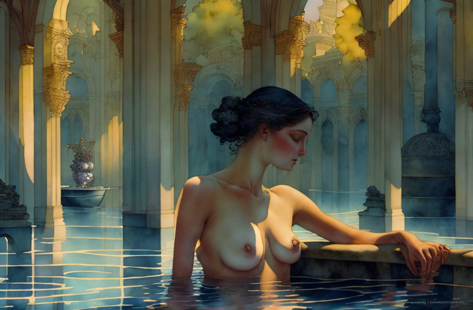 Woman Submerged in Water in Elegant, Sunlit Structure