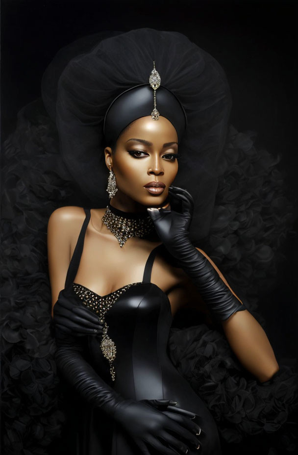 Sophisticated woman in black attire with high headdress and diamond jewelry