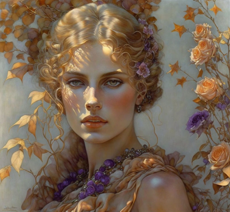 Woman with Curly Hair and Floral Adornments in Autumnal Theme