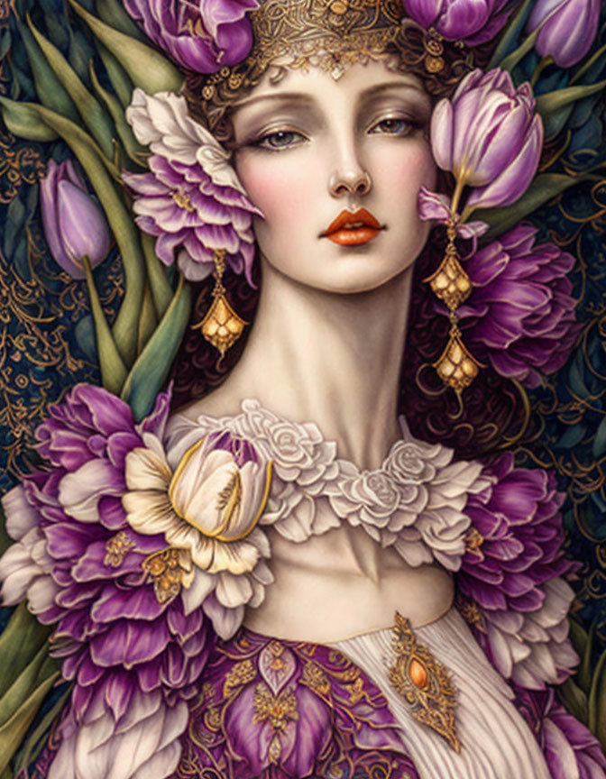 Portrait of Woman with Purple Flowers and Golden Jewelry