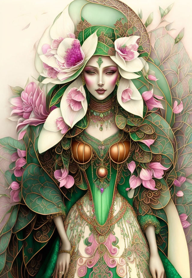 Detailed illustration of woman with green and pink floral motifs, elaborate jewelry, and adorned headdress in fantasy